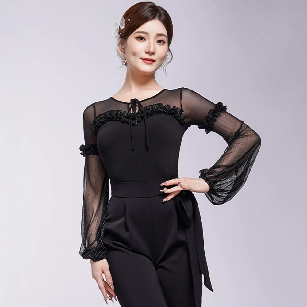 Vêtements de danse modernes pour femmes, haut violet, danse de salle de bal, chemise rétro rouge, manches lanternes noires, Jumbo, nouvelle collection