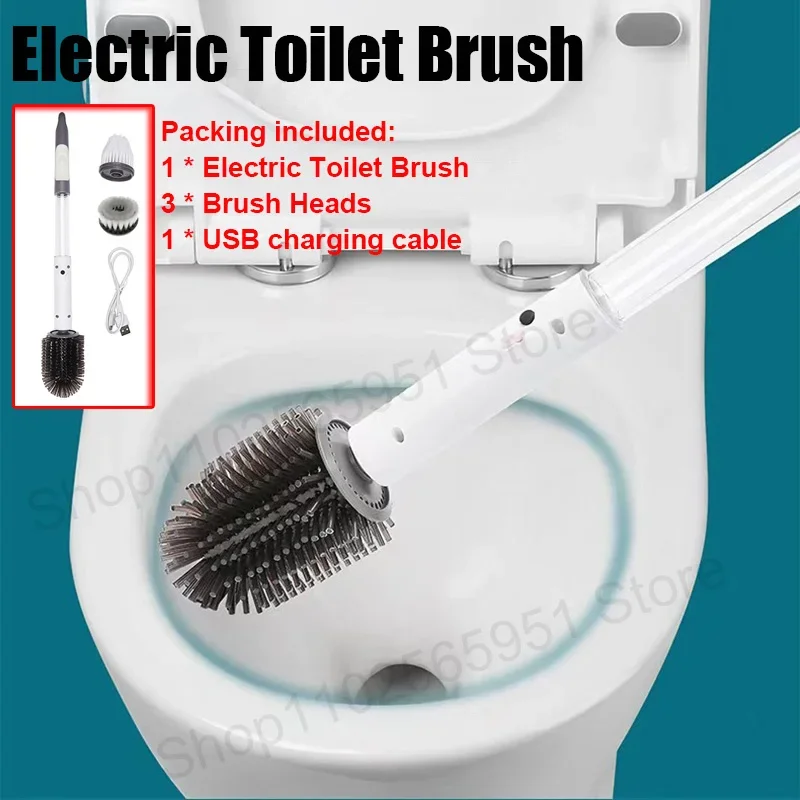Wireless Electric Toilet Brush Long Handle 360° rotation Cleaning Brush Household Bathroom USB Rechargeable White Cleaning Tools