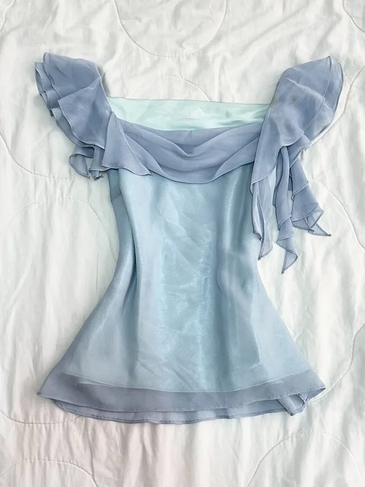 

Summer Original Retro Ele Blue Beautiful Unique Design Women's Top Cotton Slim Fit Commute Sle Casual Daily Wear