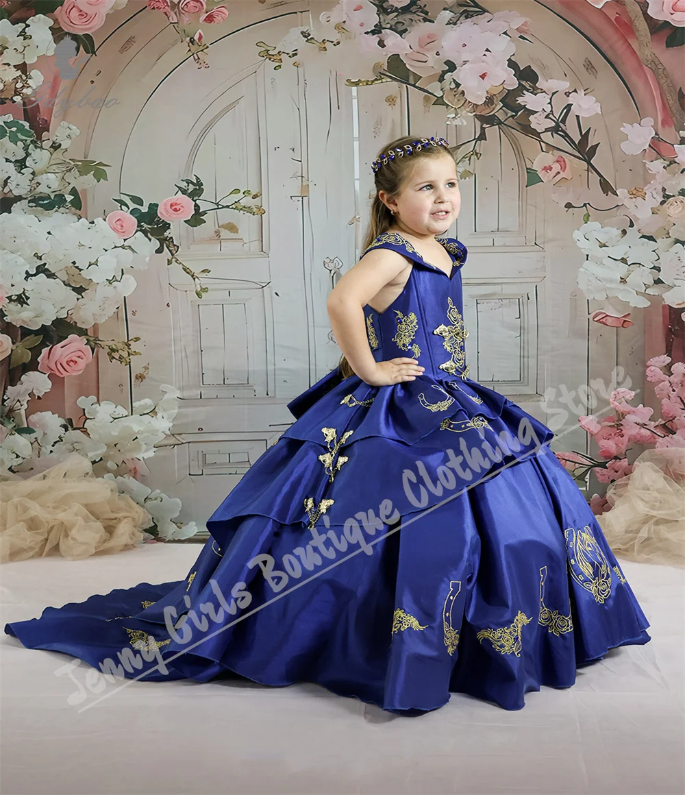 

Элегантное платье для причастия для девочек, пышное свадебное платье с цветочным узором для девочек с золотыми кружевными аппликациями для особых мероприятий и фотографий