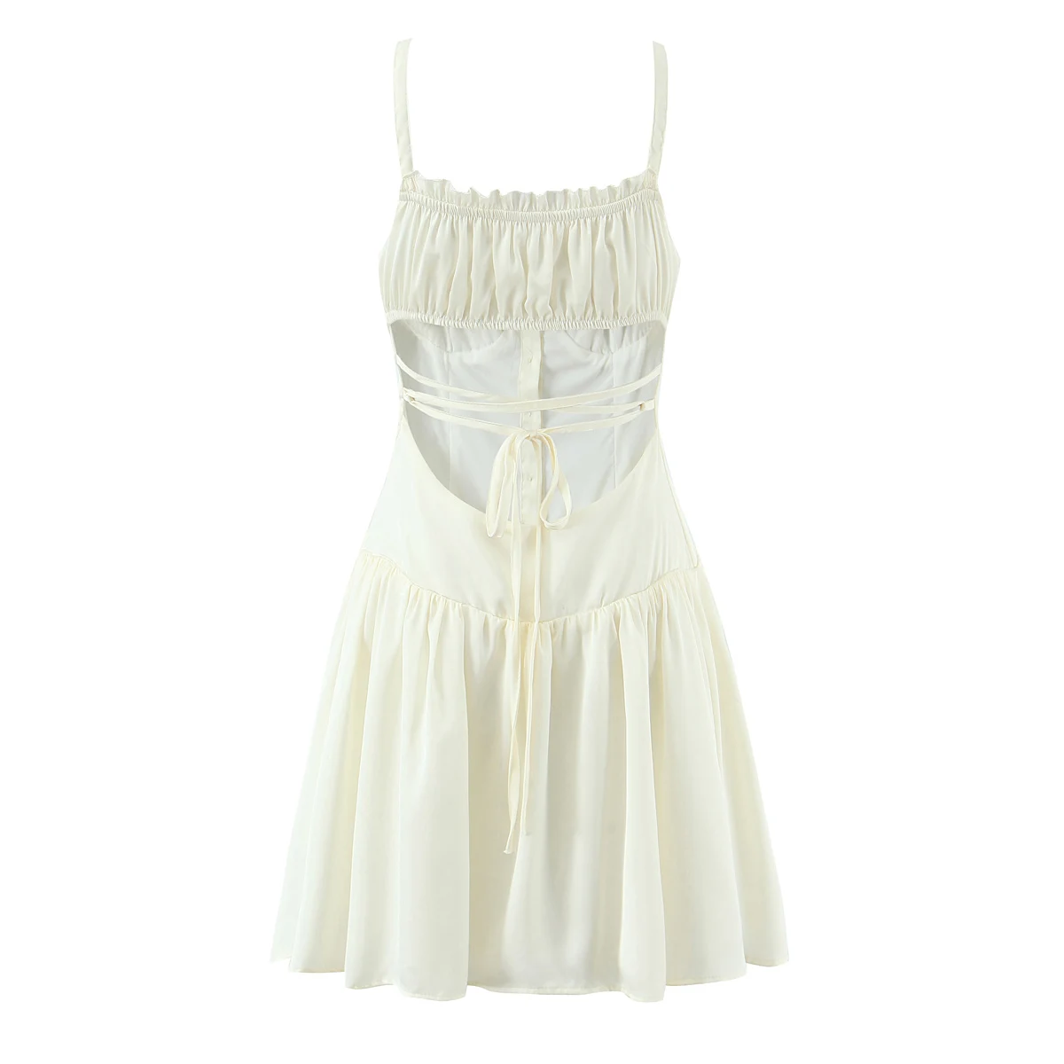 Sexy Buttons Wood ears Ruched Chest Satin Sling Dress Elastic Back Cross Lacing up Backless Low Waist Fold Swing Dresses Vestido