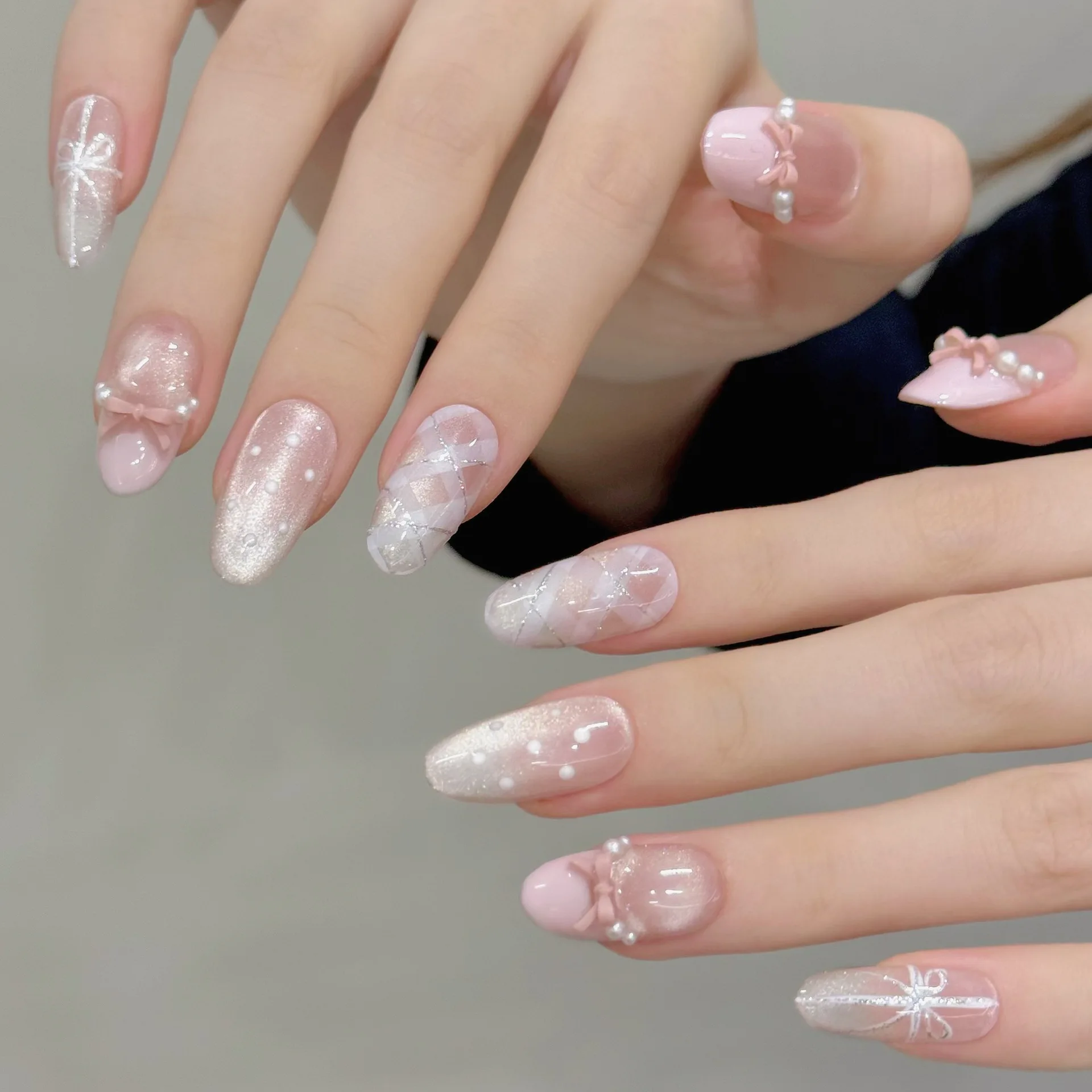 10pcs Pink French Style Ballet Press On Nails Handmade Bowknots Pearls Decor Fake Nails Plaid Cat's Eye Sweet Girl False Nail