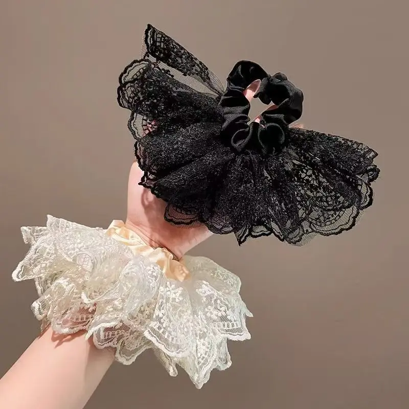 

Korean White Double-layer Skirt Lace Large Intestine Hair Band Oversized Flower Hair Rope High-value Pleated New Model