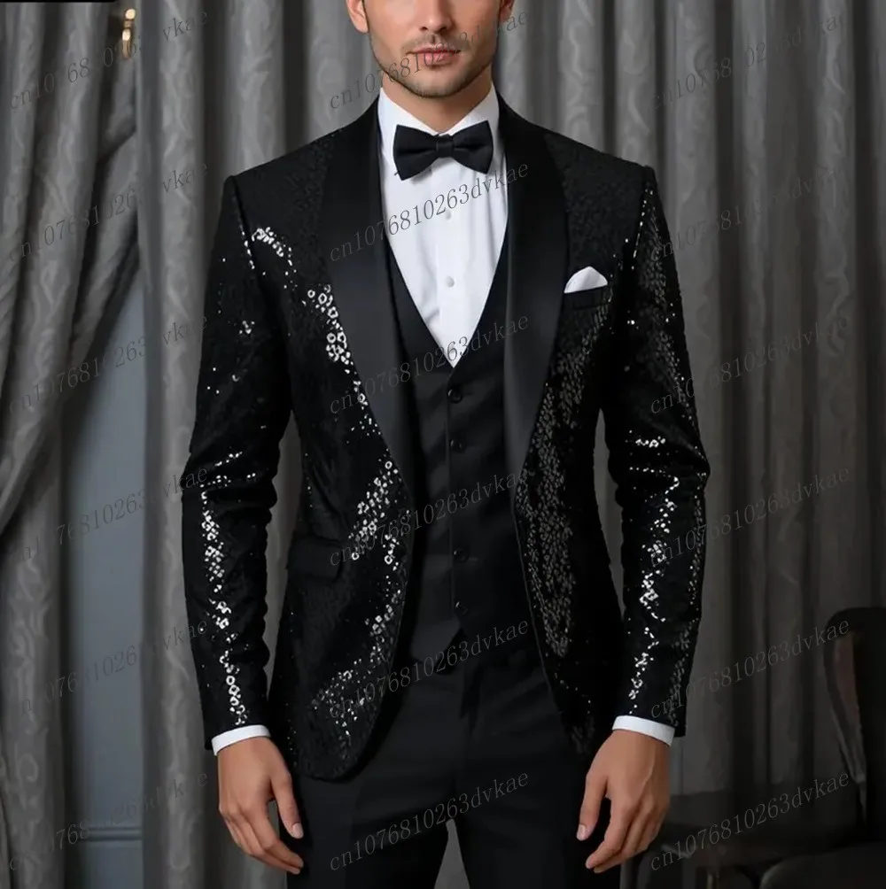 

New Black Sequin Formal Occasion Business Men Suit Groom Groomsman Wedding Party Prom Male Tuxedos 3 Piece Set Blazer Vest Pants