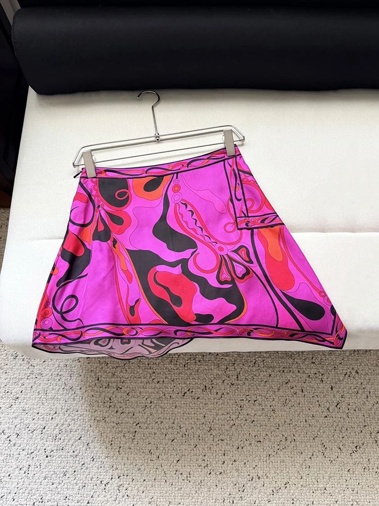 Summer Fashion Beach Style Geometric Print Silk Sexy Mini Skirt Women's Party Middle Waist Slim A-Line Asymmetrical Short Skirt