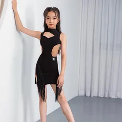 Black Latin Dance Costume Girls Dance Top Tassel Skirt Samba Cha Cha Stage Wear Rumab Competition Suit Dancer Practice Clothing