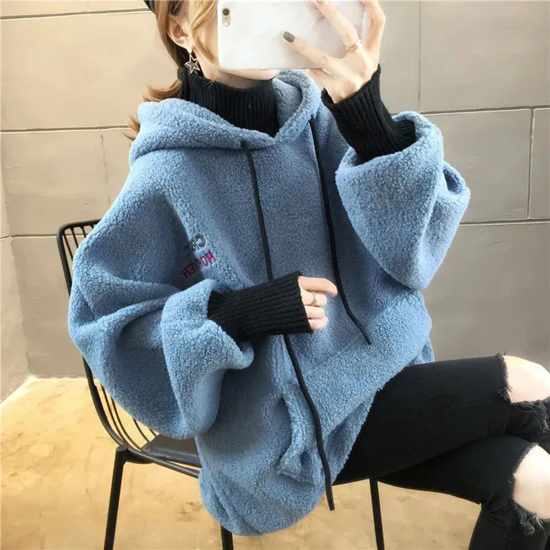 Faux Lamb Sweatshirt Women Loose Fake Two Piece Fashion Hoodies Fluffy Big Pocket Letter Long Sleeve Winter Female Tops