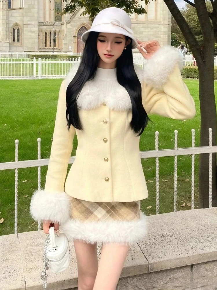 

Winter French Elegant Vintage Women's Two Pieces Set Korean Popular Warm Patchwork Design Blazer and Skirt Set Tweed Suit Events