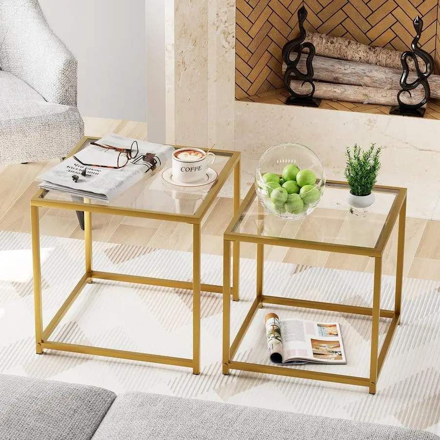 

Coffee Table Set of 2, Modern Glass Nesting Table, Metal Frame Square Center Table Set, Side Tables, Nesting Coffee Table for Li