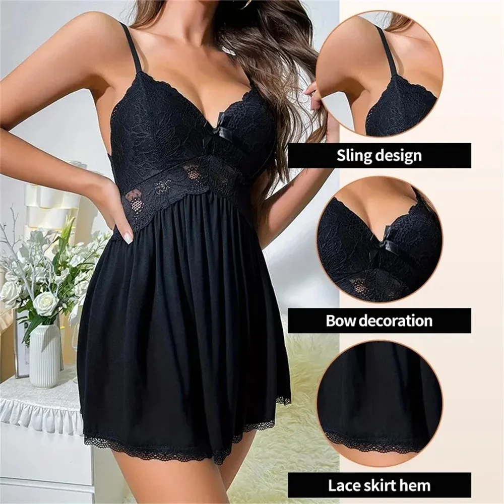 Hot Selling Women\'s Summer V-Neck Contrasting Strap Dress With Lace Patchwork Pajama Dress Set High End Quality Pajamas 