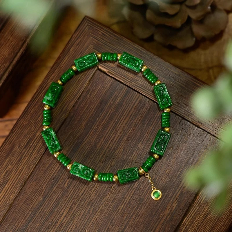

Браслет из 18-каратного золота с натуральным изумрудным жадеитом класса А, роскошные китайские украшения из бисера с резным цветочным принтом