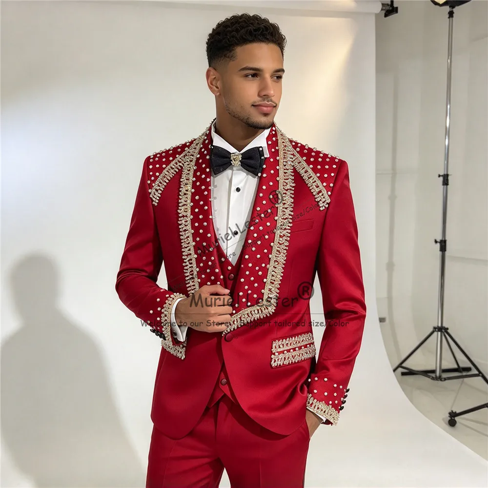 Exclusive Groom Wedding Tuxedo Suit For Man Beaded Crystals Jacket Waistcoat Trousers 3 Piece Set Groom Banquet Attire Plus Size