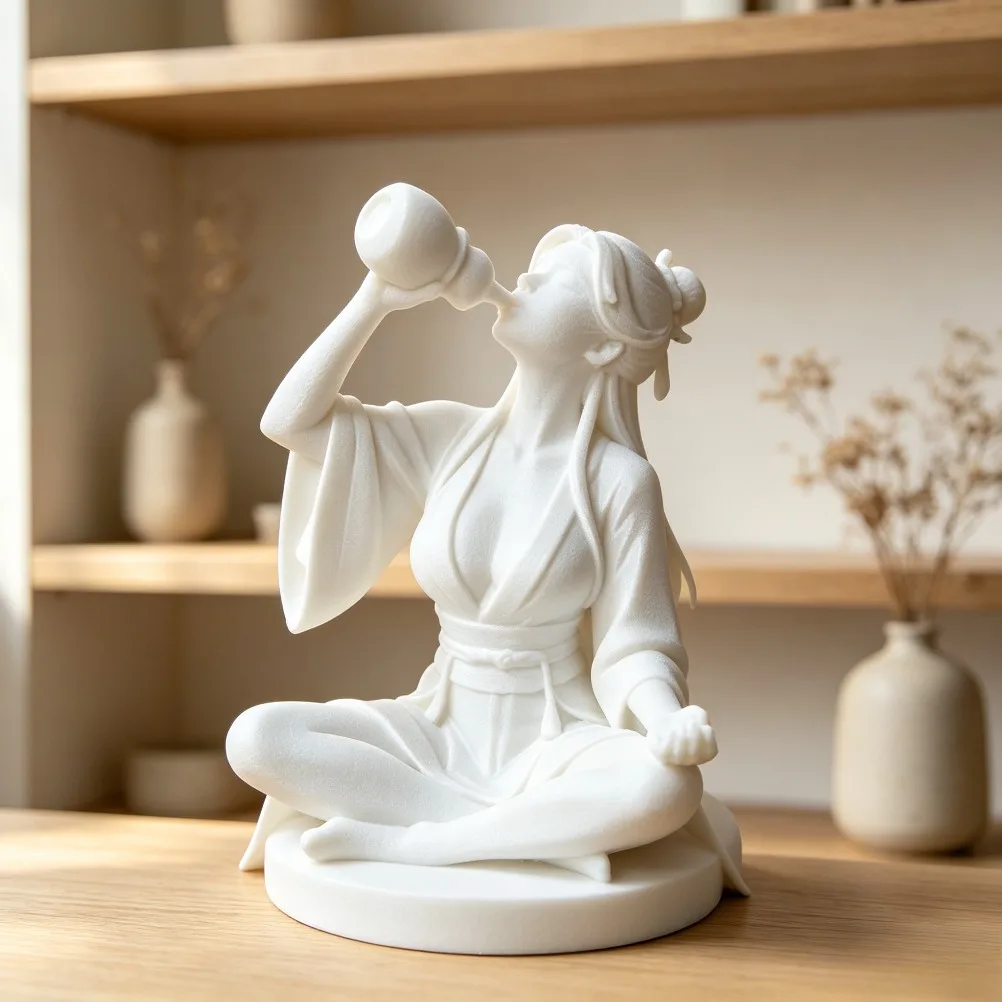 3D Printed Ancient Chinese Drinking Lady Figurine Hanfu Wine Immortal Unpainted White Model Tea Room Tabletop Ornament
