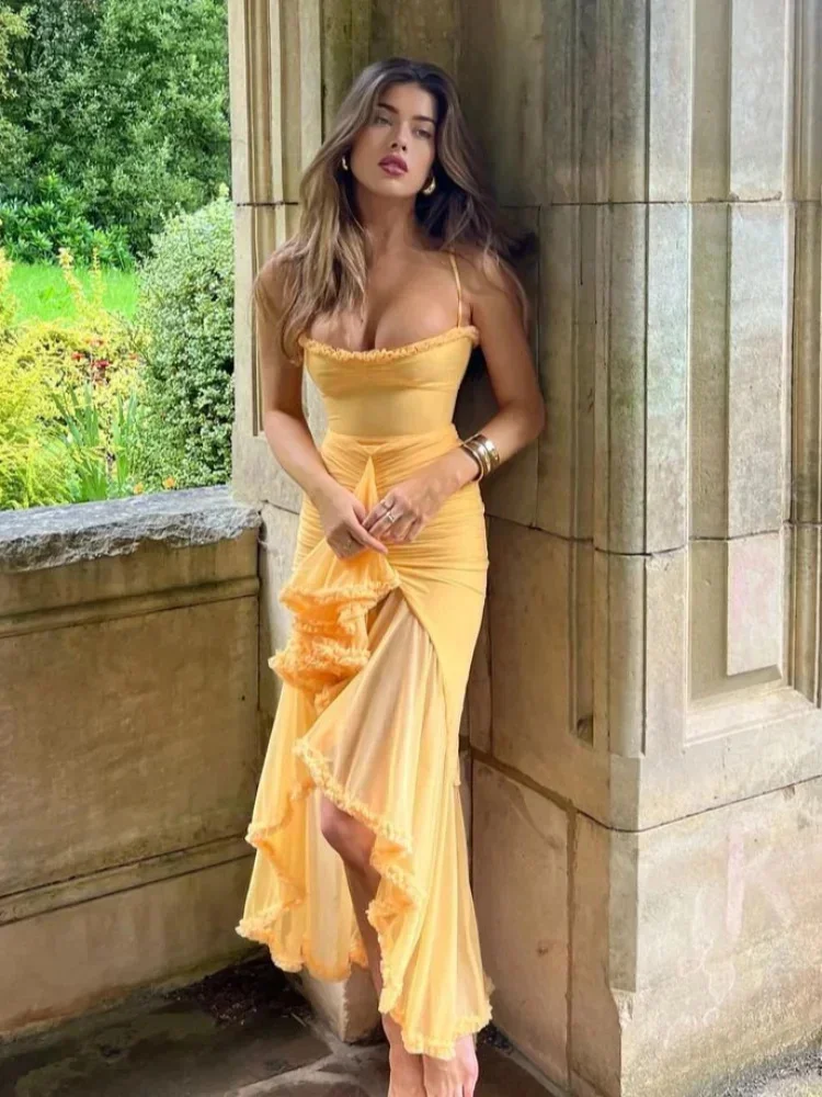 Yellow Irregular Ruffles Hem Pleated Sling Maxi Dress Women Sexy Sleeveless  Backless Slim Robes 2024 Lady Elegant Party Dresses - AliExpress 200000345