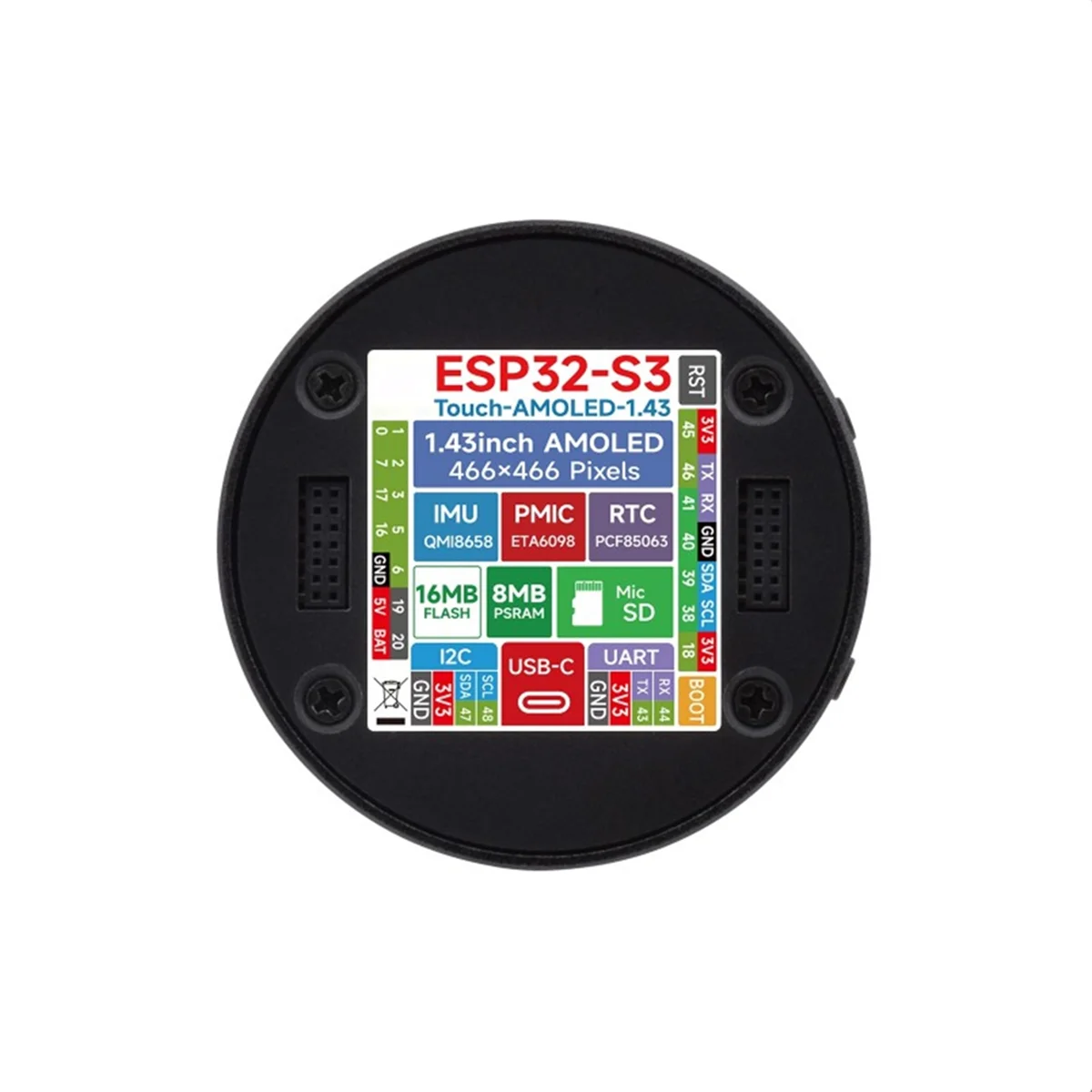 - 1.43inch AMOLED Display Development Board 466x466 QSPI Interface Round Display W Accelerometer Gyroscope Sensor