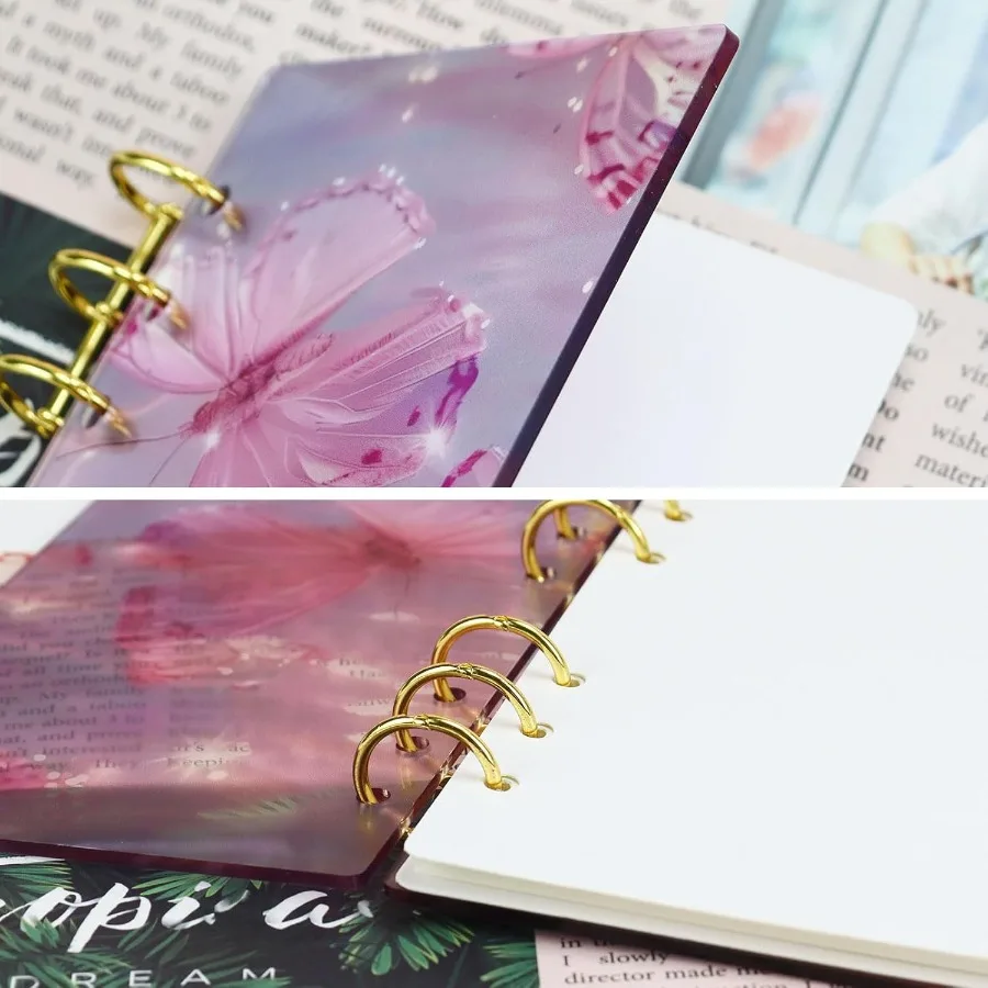 A6 Acrylic 6Ring Binder Notebook Purple Butterfly Loose Leaf Persol Planner Budget Binder 90 Sheets Lined Refills Paper Lay Fla