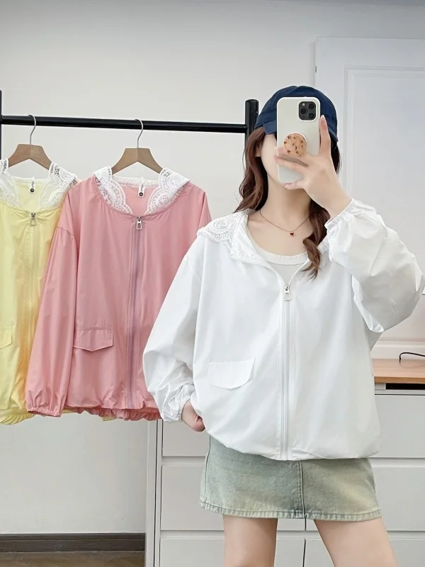 

Lace Collar Patchwork Hooded Lightweight Breathable Loose Fit Zipper Jacket plus Size Sun Protection Clothing for Women