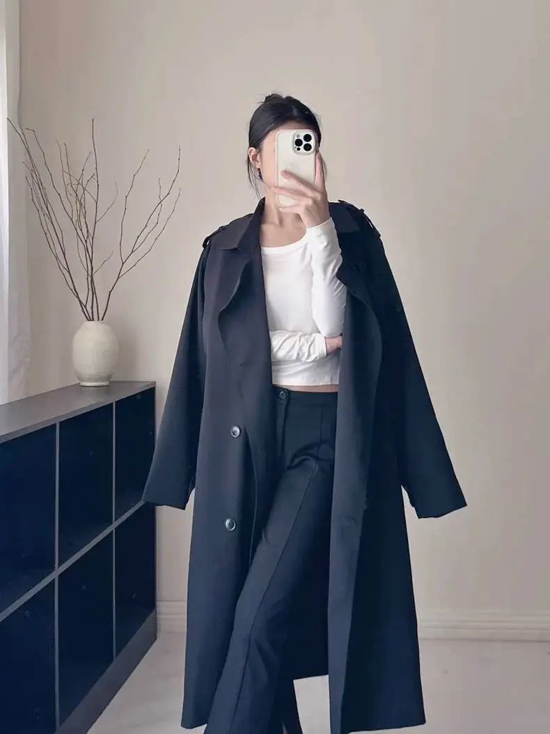

Trench Femme Long High-Waist Young Kawaii Solid-Color Irregularly White Ivory Black Dbl-Breasted Long-Coat Ironing Newly