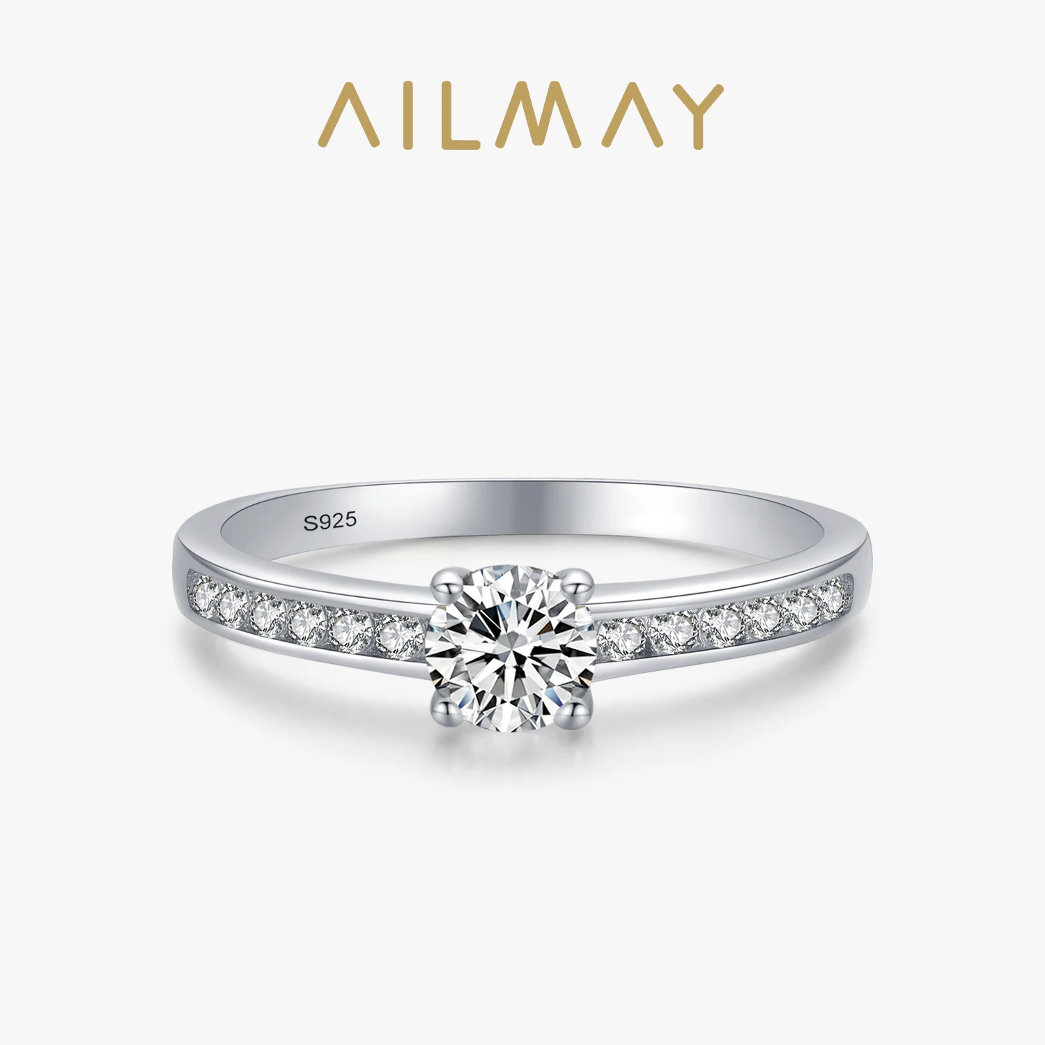 Ailmay Authentic 925 Sterling Silver Classic Simple Round Shape High Quality CZ Rings For Women Wedding Statement Jewelry Gift