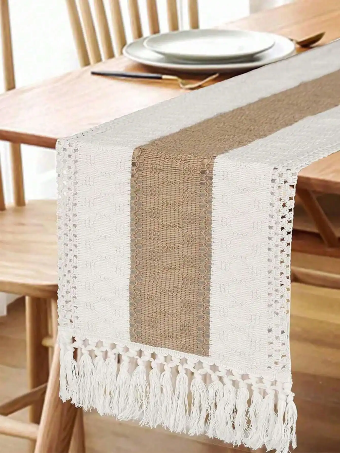 1pc Boho Table Runner Macrame Table Runners For Home Decor ,Cream & Brown Macrame Table Runner With Tassels For Boho Dining Bedroom Decor Rustic Bridal Shower,Farmhouse Rustic Table Runner,Place Mat, (Multiple Sizes Available)