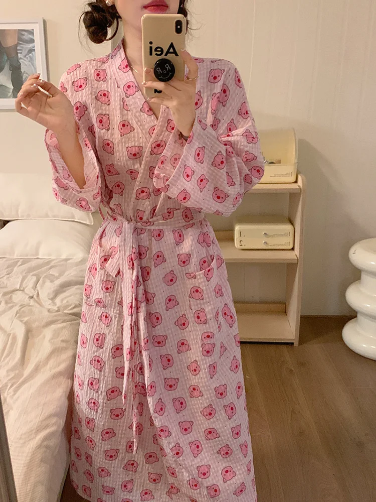 Home Long Sleeve Cartoon Pig Cute Autumn Long nightgown Women Loose Casual Vacation Sleepwear Princess Japanese Sweet Sleep Tops