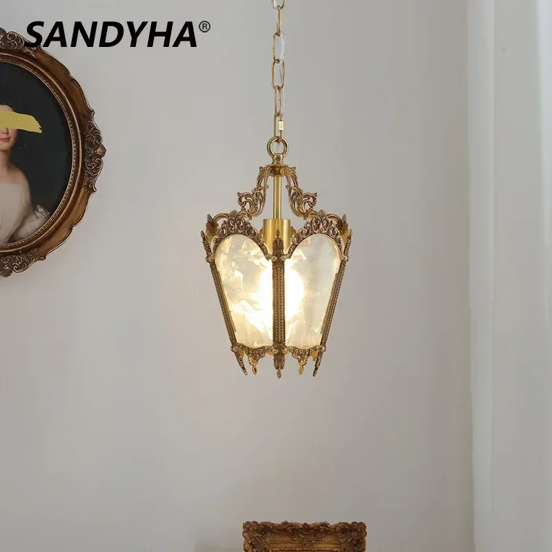 

SANDYHA Nordic Copper Pendant Light Glass Ice Flower Chandelier LED Hanging Lamp for Bedroom Living Dining Table Room Home Decor