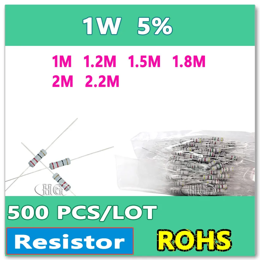 JASNPROSMA 500 шт./лот 5% 1 Вт 1 м 1,2 м 1,5 м 1,8 м 2 м 2,2 м карбоновая пленка DIP OHM высокое качество новые товары резистор 1 Вт