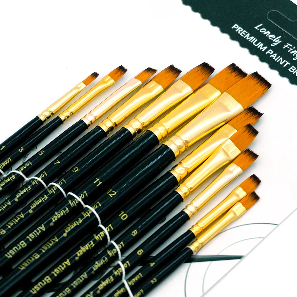 12 Pack Flat Tip Nylon Painting Brushes Multi-Size Artist Brush for Watercolor Acrylic Nail Rock Model Art