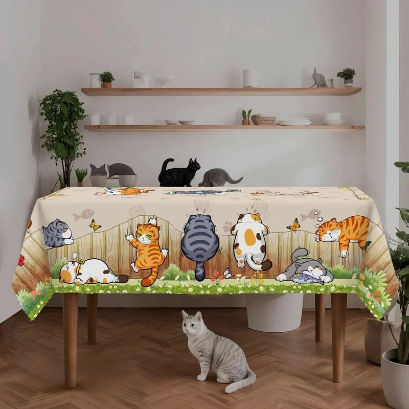 VIKAMA Beige Cartoon Cat Tablecloth Playful Kitten Floral Print Waterproof Rectangular Kids Dining Decor Table Cover