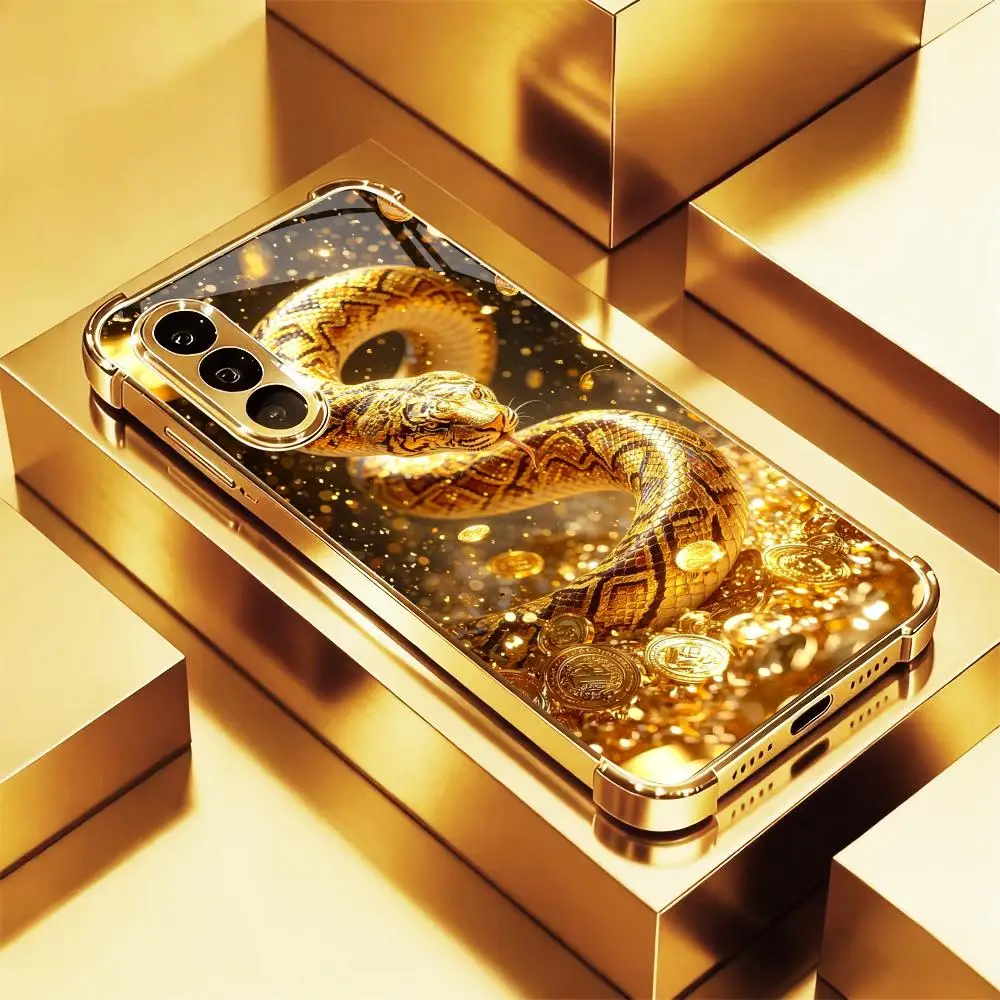 Golden Snake with Gold phone case glass s26 ultra case s25 ultra case for Samsung Galaxy S26 S25 S24 S23 S22 FE,Ultra,Plus