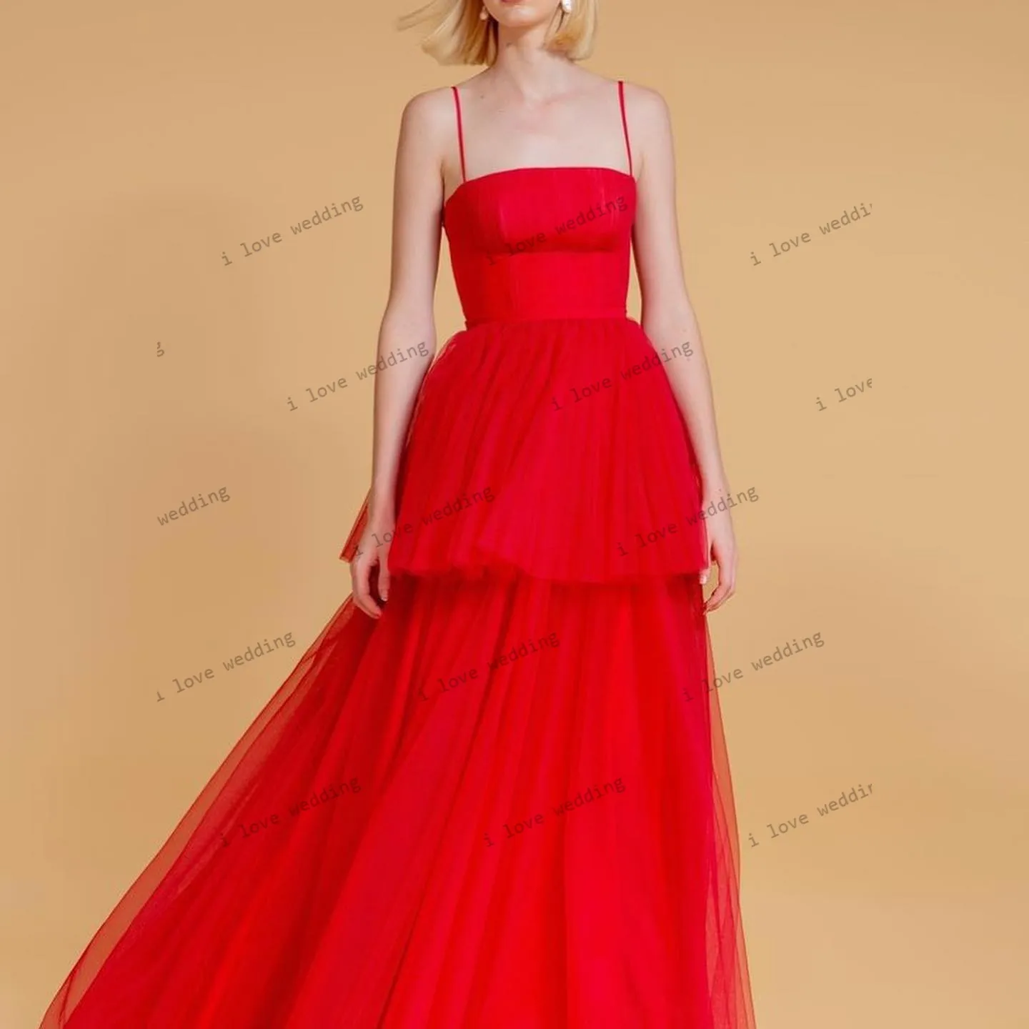 Red Spaghetti Strap Prom Dresses 2025 Elegant Party Dress For Woman Tulle Tiered A-Line Evening Dresses Gala Backless Customized