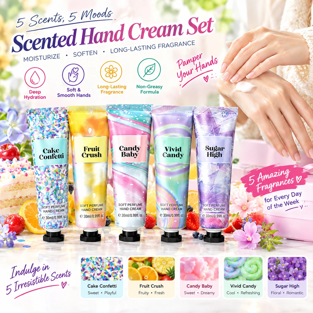 Hand Cream Set 5Pcs Moisturizing Nourishing Hand Lotion Kit Shea Butter Plant Fragrance Hydrating Non-Greasy Repair Dry Cracked Hands Mini Hand Care Gift Set for Women Winter Daily Use