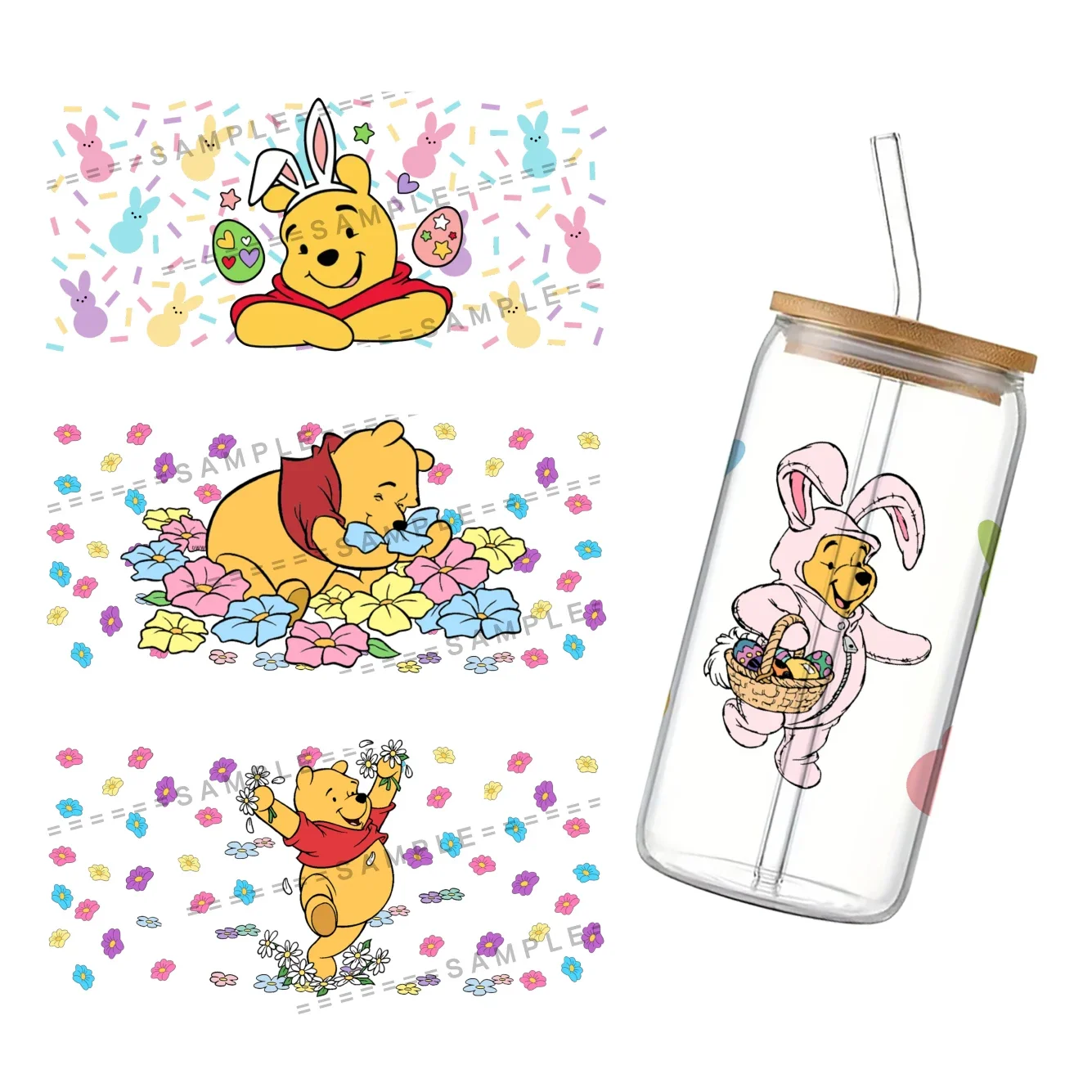 Pasqua Disney Winnie Bear 3D impermeabile UV DTF Cup Wrap per 16Oz Libbey Glass Can adesivo di trasferimento fai da te