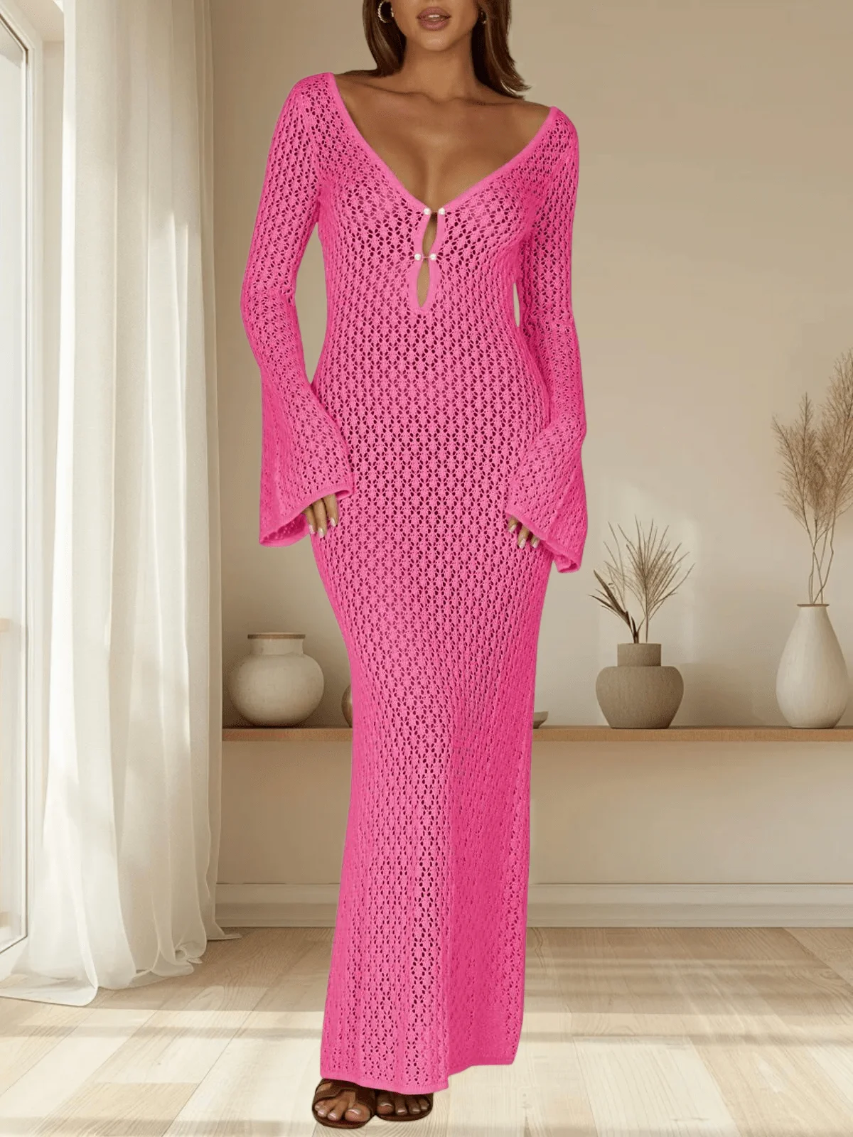

Womens Crochet Maxi Cover Up Dress Long Sleeve Bodycon Beach Vacation Swimwear