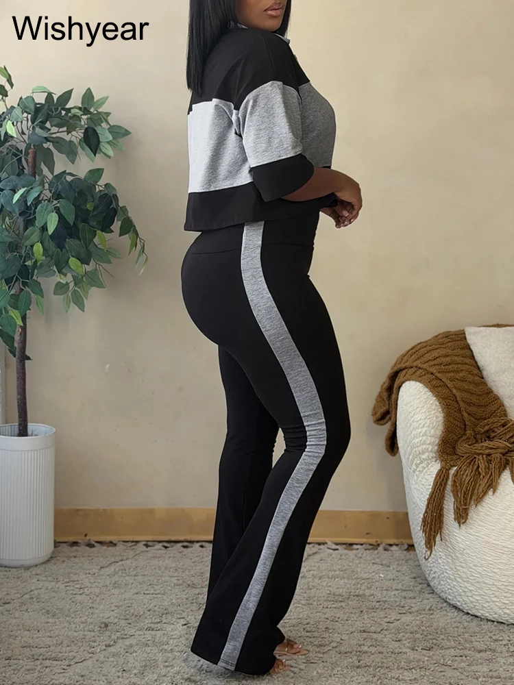 Women’s Fashion Slim Flare Pants Set Color Block Lapel Short Sleeve Top High Waisted Pants 2 Pieces Streetwear Casual Tracksuit