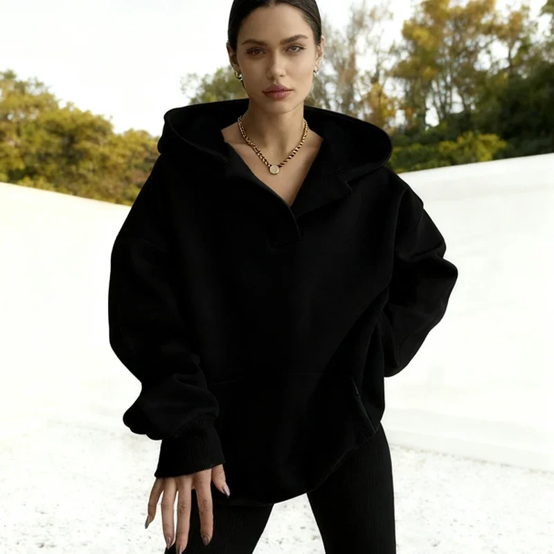 في عام 2025، سترة رياضية نسائية عصرية ورائعة بأكمام طويلة ولون سادة، سترة فضفاضة وغير رسمية للنساء #1