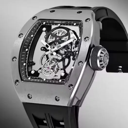 CRONUSART Men Tourbillon Watch 50mm Tonneau Mechanical Wristwatch Titanium Case Sapphire Mirror Luminous Skeleton Dial FKM Strap
