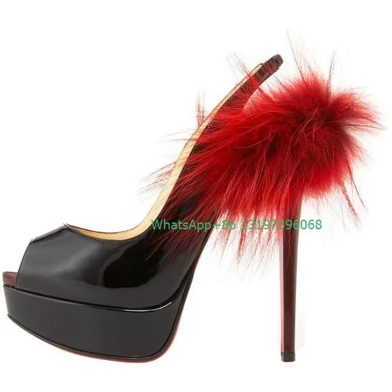 

Lady platform red color fur design high heels peep toe stiletto heel slingback summer elegant shoes sexy black PU sandals size