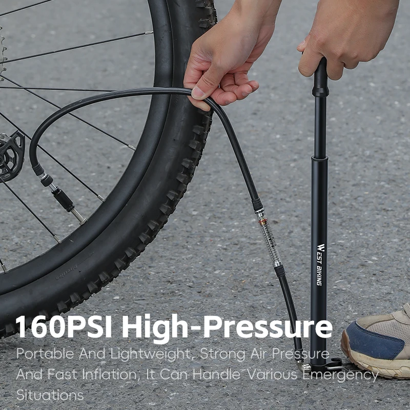 WEST BIKING Portable Mini Bike Floor Pump 160PSI High Pressure Bicycle Tire Inflator Fits Presta&Schrader Valve Alloy Bike Pump