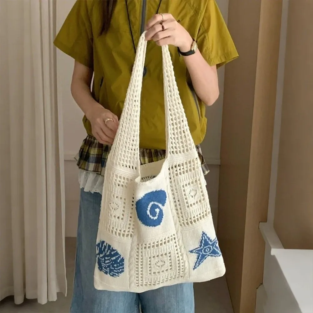 

Simple Starfish Crochet Tote Bag Shell Large Capacity Woven Shoulder Bag Hollow Solid Color Knitting Handbag Summer