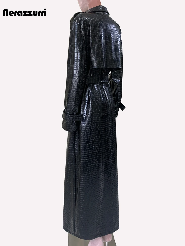 Mauroicardi Autumn Extra Long Hard Shiny Reflective Black Crocodile Print Faux Leather Trench Coat Women Sashes Leather Overcoat
