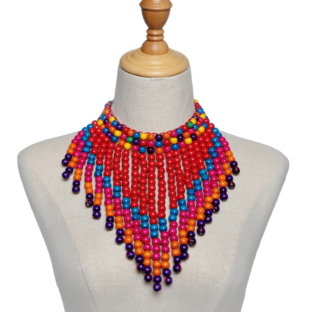 African Women\'s Jewelry Accessories  Patterned Colorful Wooden beads Triangular Scarf Design Tassel Shawl Chain Collar Necklace