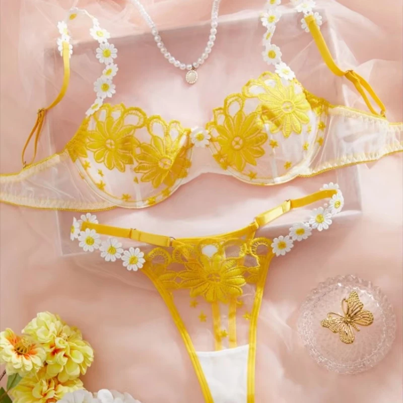 Doce floral renda lingerie conjunto para mulher fada amarelo bordado sutiã e calcinha define luxo íntimo erótico bela roupa interior