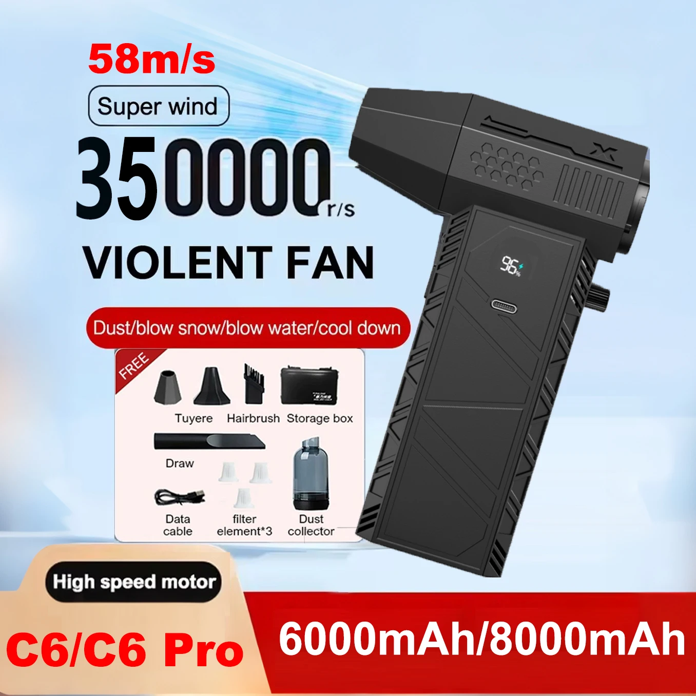 

Мощный 350000 Мини-турбореактивный жестокий вентилятор RPM, высокоскоростной турбовентилятор, бесщеточный двигатель 58 м/с, ручной инструмент для очистки канального вентилятора