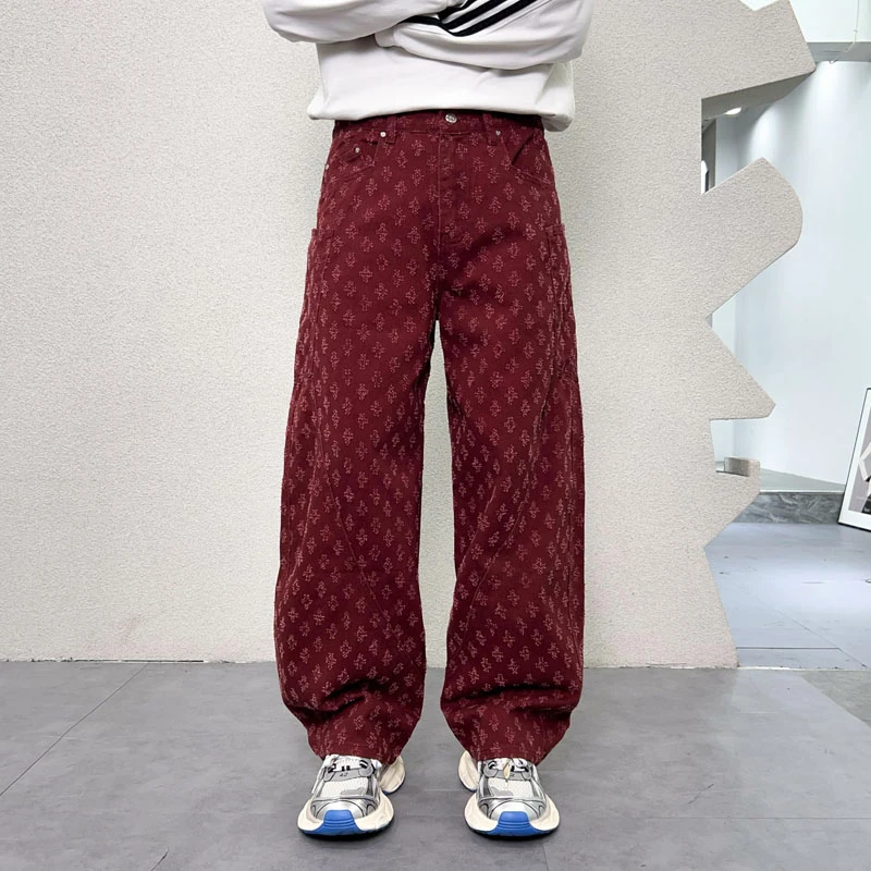 

Personality Wine Red Baggy Jeans Men Wide Leg Loosen Fit Jacquard Pants Autumn New Male's Y2k Trousers