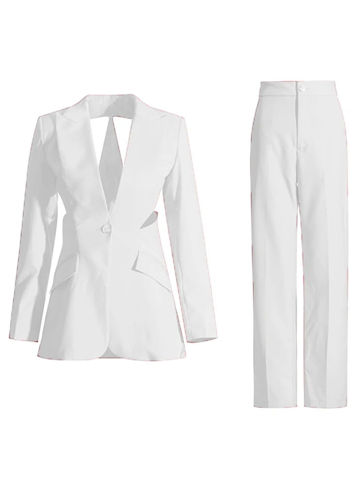 Tweetwinstyle Uitgeholde Tweedelige Sets Voor Dames Met Inkepingen En Lange Mouwen Blazer Hoge Taille Afslankende Broek Effen Set Dames Nieuw