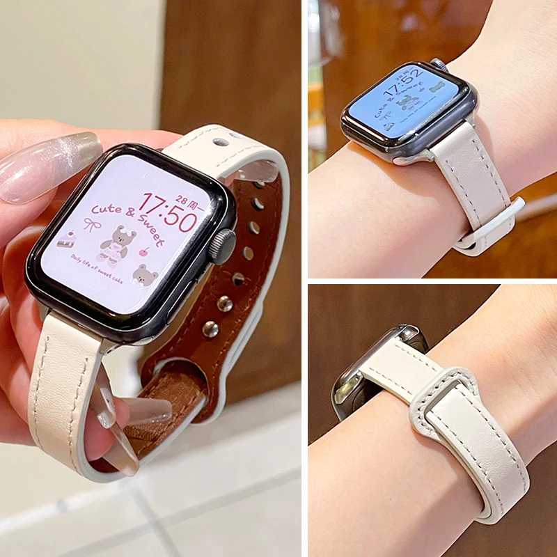 Skin-friendly leather strap for Apple Watch Bands 40mm 41mm 42mm 44mm 45mm 46mm Brecelet Correa iWatch Series 11 SE 10 9 8 7 6 5