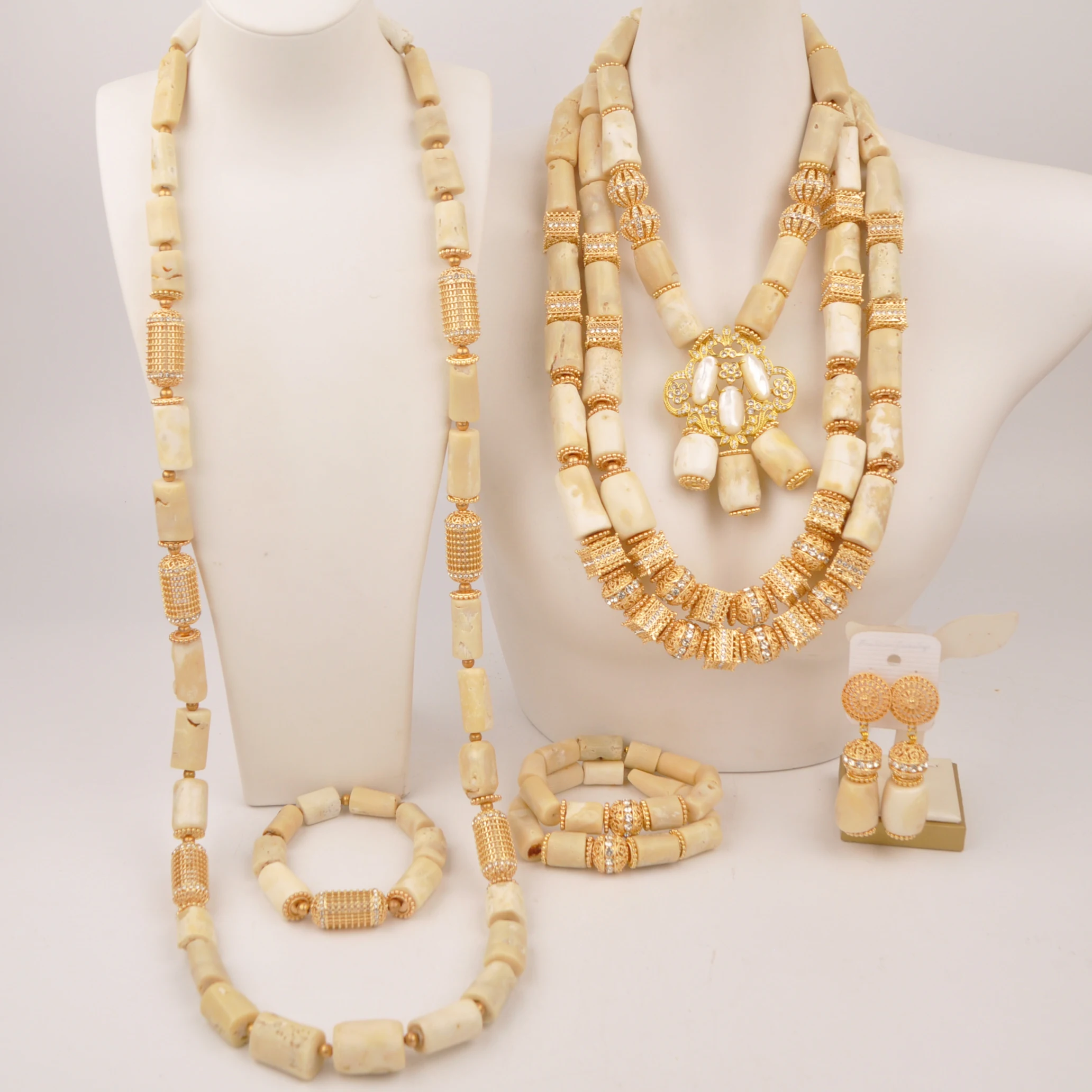 Fashion Nigerian Bride and Groom Jewelry Real White Coral Jewelry Set