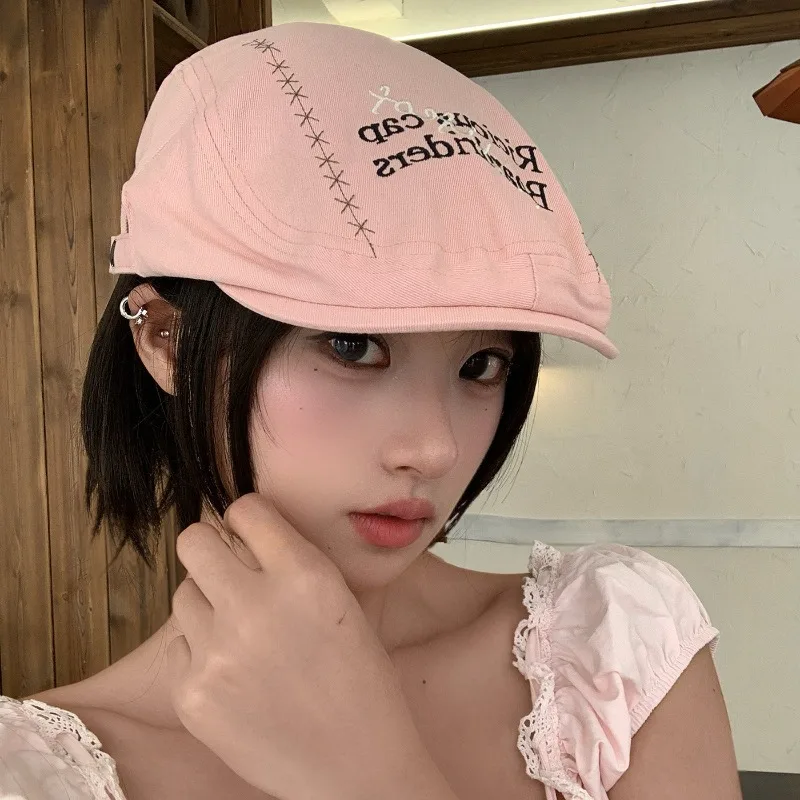 Summer Fashion Letter Embroidery Forward Hat Men and Women Spring and Summer Short-brim Berets Literary and Artistic Painter Cap