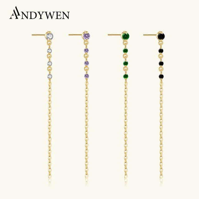 ANDYWEN 925 Sterling Silver Rainbow Pendiente largo Fucsia Plata Drop Earring Piercing Pendiente Biżuteria ślubna dla kobiet Prezent